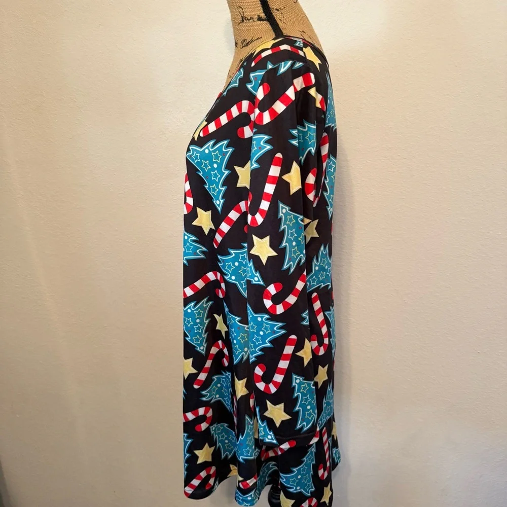 Christmas dress with bright colors, candy canes and trees large